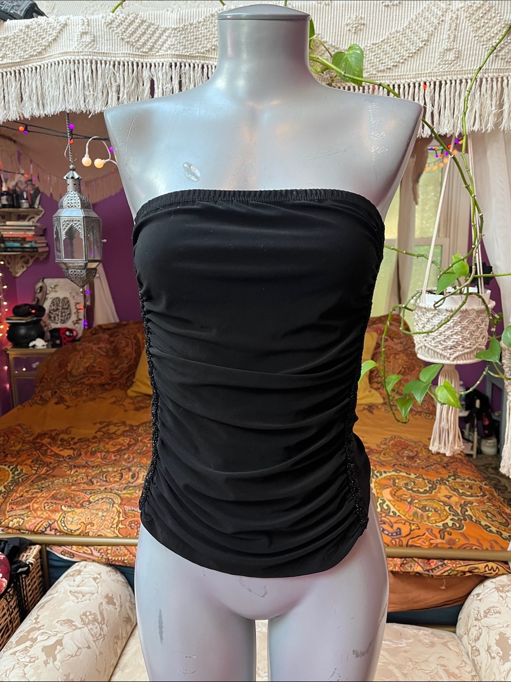 Vintage Y2K ruched black + glitter embroidered sides strapless tube top